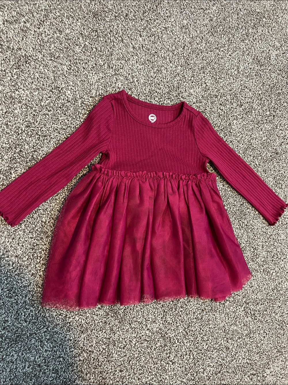 BRAND NEW super soft 12M Girls' Long Sleeve Burgundy Dress with Tulle Skirt